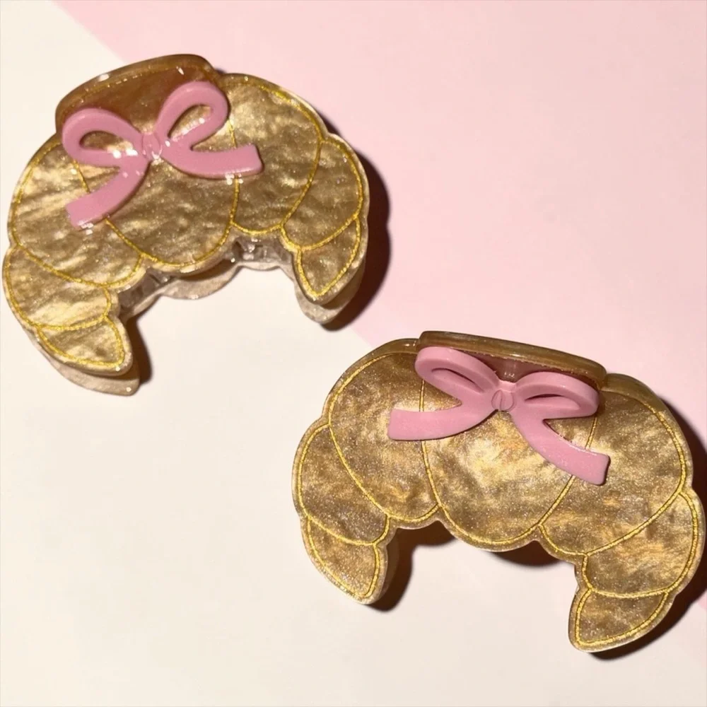 🎀 🥐 NEW Set Pink Bow Croissant Claw Clips Hair Accessories 🥐 🎀